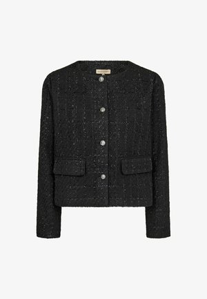 Fekete tweed zakó dobozos fazonban, kerek nyakkivágással, ezüst patent gombokkal és két elülső zsebbel, melynek textúrált anyagtervezése van.