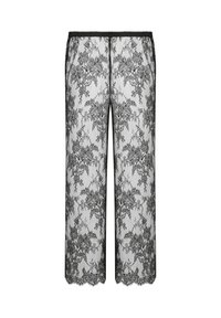 Kanten broek met een zwart bloemenpatroon, voorzien van een gegolfde zoom en een elastische tailleband. Gemaakt van een doorschijnende, lichte stof.