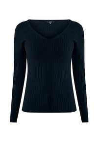 Maglione nero a coste con maniche lunghe, scollo a V, design aderente e tessuto testurizzato. Bordo liscio e senza hardware o dettagli visibili.