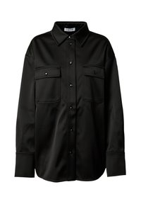 Schwarze Langarm-Tastenkleid mit einem glatten, satinartigen Material. Verfügt über zwei Brusttaschen und einen klassischen Kragen.