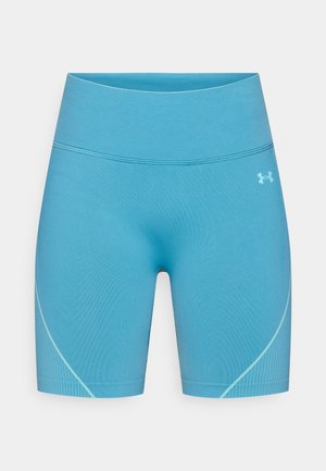 Hellblaue Sportshorts mit hohem Bund, die eine glatte Textur und ein kontrastierendes hellblaues Akzentdesign an den Seiten aufweisen.
