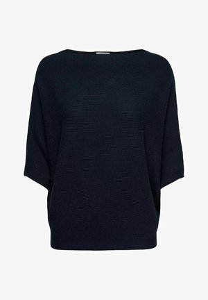 Granatowy, prążkowany sweter dziany o luźnym kroju, z krótkimi, szerokimi rękawami i dekoltem typu łódka.