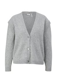 Grå stickad kofta med V-ringning, sänkta axlar, ribbade ärmslut och framknäppning. Mjuk textur med en avslappnad passform.