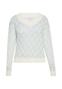 Maglione a maglia blu chiaro con scollatura a V. Presenta un motivo a rombi e polsini e orlo a coste in una tonalità leggermente più scura.