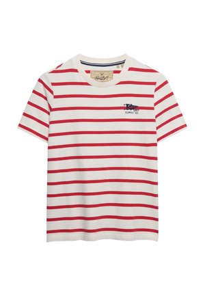 Camiseta de algodón de manga corta a rayas rojas y blancas, con escote redondo y un pequeño logo bordado en el pecho.