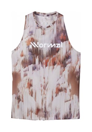 Ärmelloses Sporttop mit abstraktem Muster in Braun, Weiß und Violett und großem weißen Schriftzug "Normal" in der Mitte vorne.