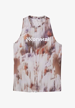 Bezrękawnik sportowy z abstrakcyjnym wzorem w odcieniach brązu, bieli i fioletu oraz dużym białym napisem "Normal" na środku przodu.