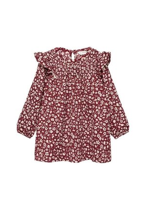 Mørkerød blomsterlangærmet kjole med flæsekant ved halsen, smocket liv og elastiske manchetter, dekoreret med små hvide og beige blomster.