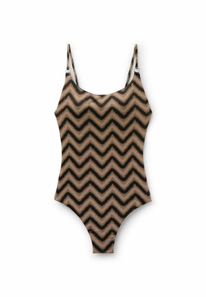 Jednoczęściowy strój kąpielowy z cienkimi regulowanymi ramiączkami, ozdobiony brązowo-czarnym wzorem w zygzaki na białym tle.