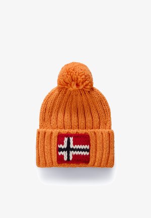 Orange knitted winter hat with pom-pom and a red, white, and black Norwegian flag patch on the folded brim.