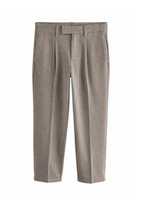 Gray checkered trousers with a high waist, featuring front pleats and a smooth texture. The fabric has a fine grid pattern.