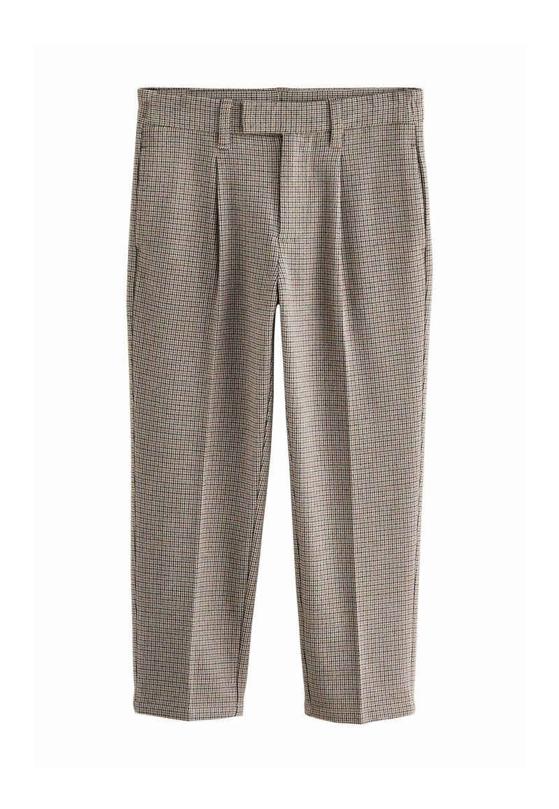 Gray checkered trousers with a high waist, featuring front pleats and a smooth texture. The fabric has a fine grid pattern.