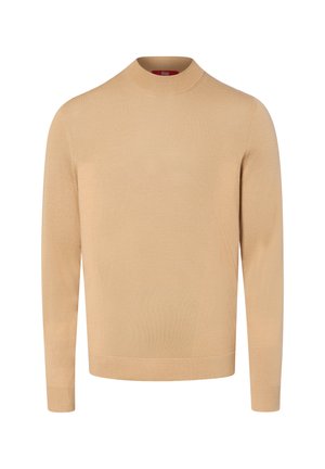 Beiger Langarmpullover mit hohem Rundhalsausschnitt und gerippten Bündchen und Saum, auf weißem Hintergrund gezeigt.
