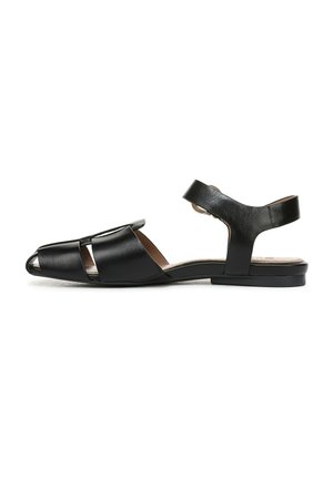 Black leather sandals with an open toe, multiple cross straps, and a sleek ankle strap; flat sole and minimal hardware details.