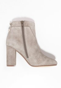 Stivale alla caviglia in suede grigio con punta affilata, zip laterale esterna e tacco a blocco. Texture liscia con una leggera lucentezza e design minimalista.