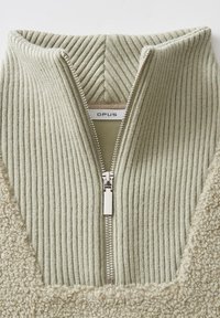 Pullover verde chiaro con zip a metà. Presenta una texture a coste sul colletto e sulle maniche; materiale morbido e peloso sul corpo. Etichetta del marchio visibile.