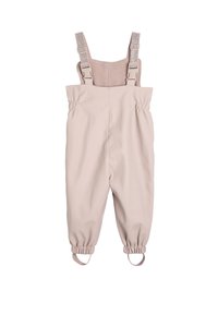 Lys beige vandtætte overalls med justerbare stropper, elastiske manchetter og blødt fleecefor på bagsiden for komfort og varme.