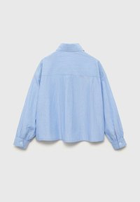 Chemise rayée bleu clair avec une coupe décontractée, des manches longues et des poignets boutonnés, présentant un empiècement au dos et des plis pour plus de volume.