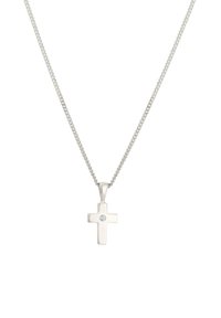 Sølv kædedyse med et enkelt korsvedhæng, der har en lille indsat diamant i midten, glat tekstur og poleret overflade.