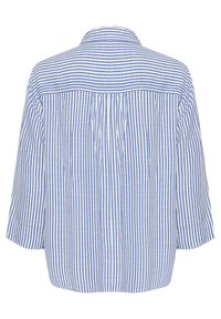 Camicia a righe blu e bianche con yoke posteriore, maniche corte e vestibilità comoda. Presenta righe verticali e un design plissettato.