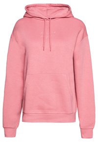 Felpa con cappuccio rosa, dotata di tasca frontale e realizzata in tessuto morbido. Presenta cordini e testo ricamato sul petto. Vestibilità classica.