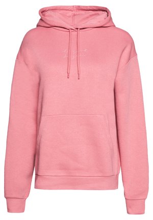 Felpa con cappuccio rosa, dotata di tasca frontale e realizzata in tessuto morbido. Presenta cordini e testo ricamato sul petto. Vestibilità classica.