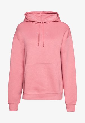 Vaaleanpunainen huppari, jossa on etutasku, valmistettu pehmeästä kankaasta. Varustettu naruilla ja kirjailtu tekstillä rinnan kohdalla. Klassinen malli.