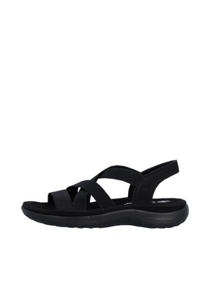 Black open-toe sandal with crisscross elastic straps, cushioned sole, and back strap, designed for casual wear and comfort.