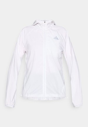 Witte, lichtgewicht sportjas met rits, capuchon en lange mouwen, met een klein reflecterend Adidas-logo op de linkerborst.