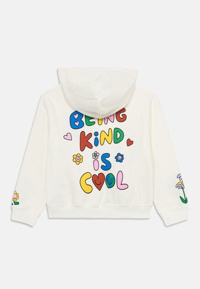 Cream-colored hoodie featuring colorful text "BEING KIND IS COOL" and playful flower graphics on the back and sleeves.