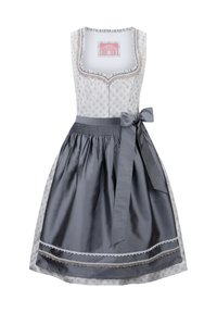 Traditional dirndl dress featuring a patterned white bodice, gray satin skirt, and a matching bow at the waist. Decorative lace trim included.