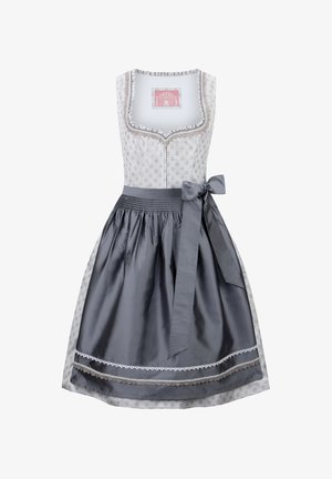 Traditionelles Dirndlkleid mit einem gemusterten weißen Mieder, einem grauen Satinrock und einer passenden Schleife in der Taille. Mit dekorativem Spitzenbesatz.