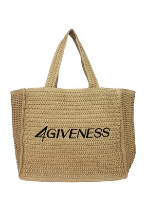 Bolsa tote beige tejida con dos asas y texto negro "4GIVENESS" en la parte frontal.