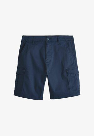 Marineblaue Cargo-Shorts mit Frontknopf, Seitentaschen und Klappentaschen an jedem Bein, flach auf weißem Hintergrund ausgelegt.
