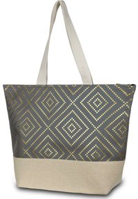 Tote-Bag mit einem grauen Stoffkörper, der goldene Diamantmuster zeigt, ergänzt durch einen hellbeigen Boden und robuste, cremefarbene Träger.