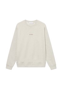 Lichtgrijze sweatshirt met lange mouwen, ronde hals en geribbelde manchetten. Gecentreerd met "LES DEUX" geborduurd in donkerbruin. Zachte textuur, casual pasvorm.