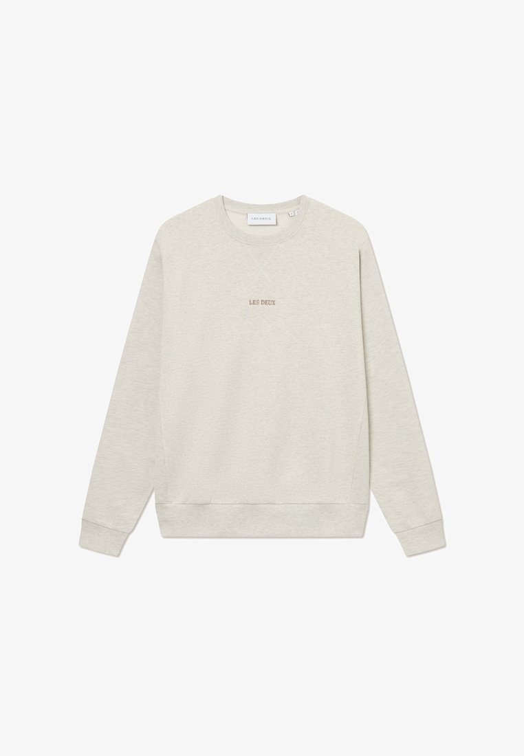 Light gray sweatshirt with long sleeves, crew neck, and ribbed cuffs. Centered with "LES DEUX" embroidered in darker brown. Soft texture, casual fit.