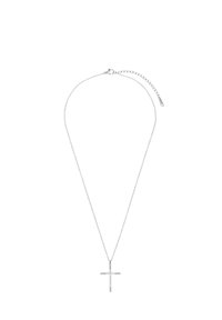 Collana con croce in argento con una catena delicata. La croce presenta una finitura opaca e accenti trasparenti. Lunghezza regolabile con chiusura a moschettone.