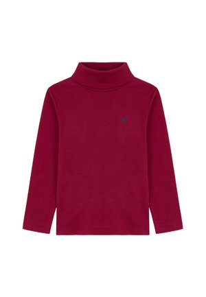 Rotes Langarm-Turtleneck-Oberteil aus weichem Stoff. Verfügt über einen gerippten Kragen und ein kleines marineblaues Logo auf der linken Brust. Einfaches und tailliertes Design.