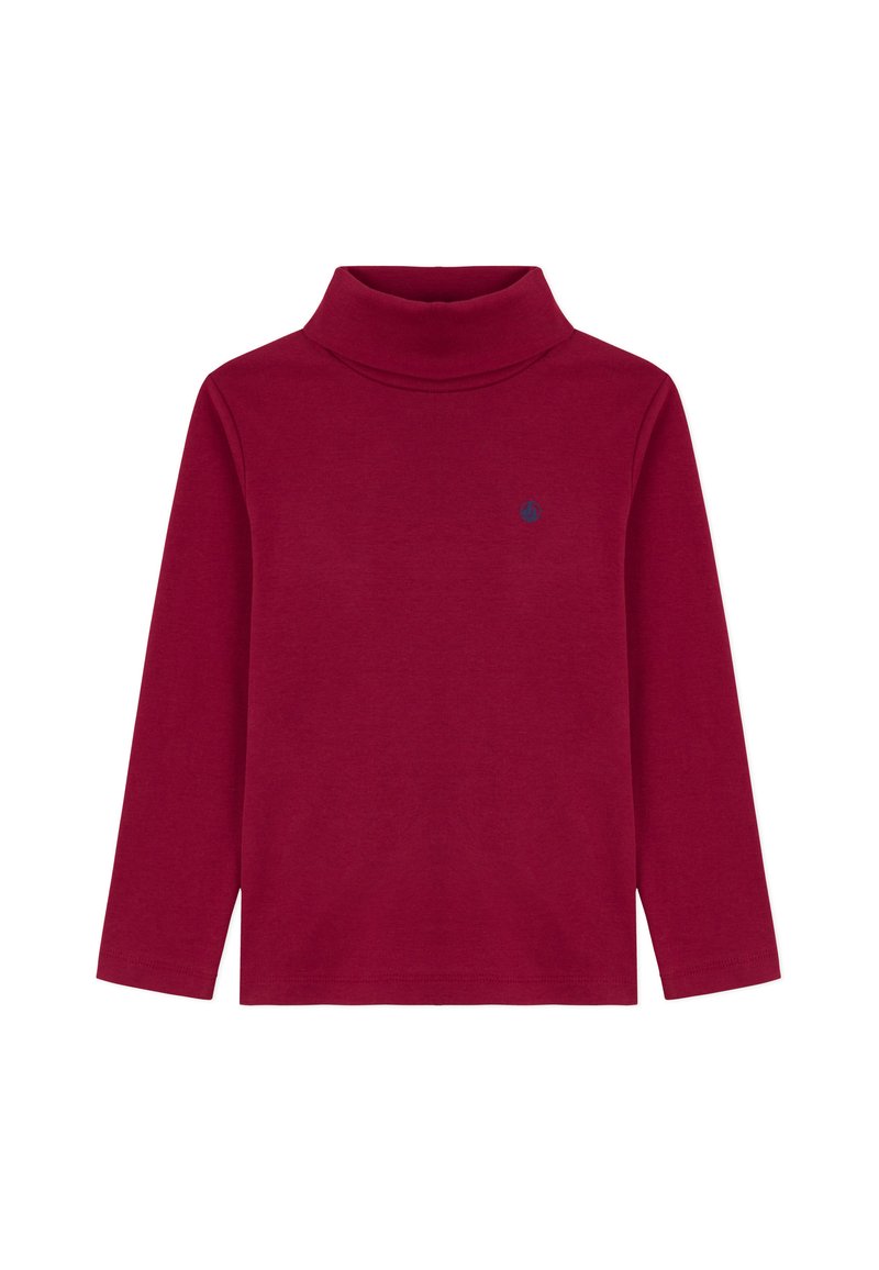 Rød langermet turtleneck topp laget av mykt stoff. Har en ribbet krage og en liten marineblå logo på venstre bryst. Enkel og tettsittende design.