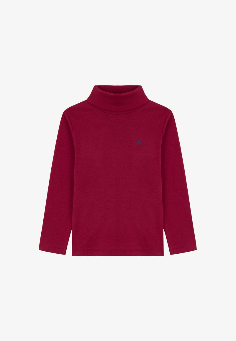 Piros, hosszú ujjú garbó felső, puha anyagból készült. Bordás nyakkal és egy kis sötétkék logóval rendelkezik a bal mellen. Egyszerű és testhez simuló dizájn.