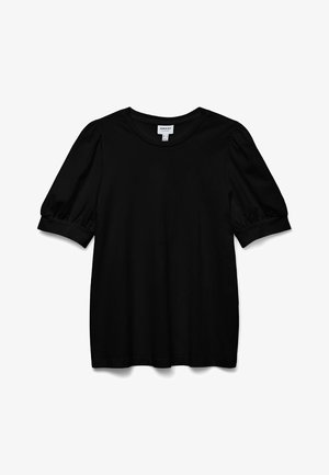 Crni kratki rukav s okruglim izrezom, izrađen od glatkog materijala. Ima napuhane rukave i opušteni kroj. Jednostavan, neukrašen dizajn.