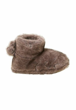 Brown faux fur slipper with a high cuff and pom-pom detail, featuring a soft, textured surface and rounded toe design.
