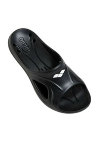 Sandal aperto nera in materiale resistente, con una soletta testurizzata, design curvo e lati ritagliati per ventilazione. Logo stampato sulla parte superiore.