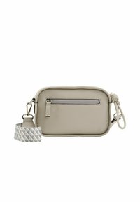 Beige synthetische Umhängetasche mit rechteckiger Form, vorderem Reißverschlussfach und einem texturierten Tragegurt im weißen und grauen Flechtmuster.