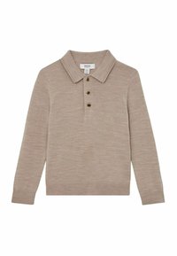 Beige hosszú ujjas polo ing puha anyagból, klasszikus gallérral, három gombos gombolással és bordázott mandzsettával. Egyszerű, texturált dizájn.