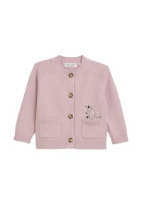 Jasnoróżowy dzianinowy kardigan z okrągłym dekoltem, czterema dużymi guzikami, dwoma przednimi kieszeniami oraz kwiatowym haftem po lewej stronie.