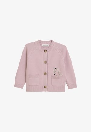 Hellrosa gestrickte Strickjacke mit rundem Ausschnitt, vier großen Knöpfen, zwei Fronttaschen und floralen Stickereien auf der linken Seite.