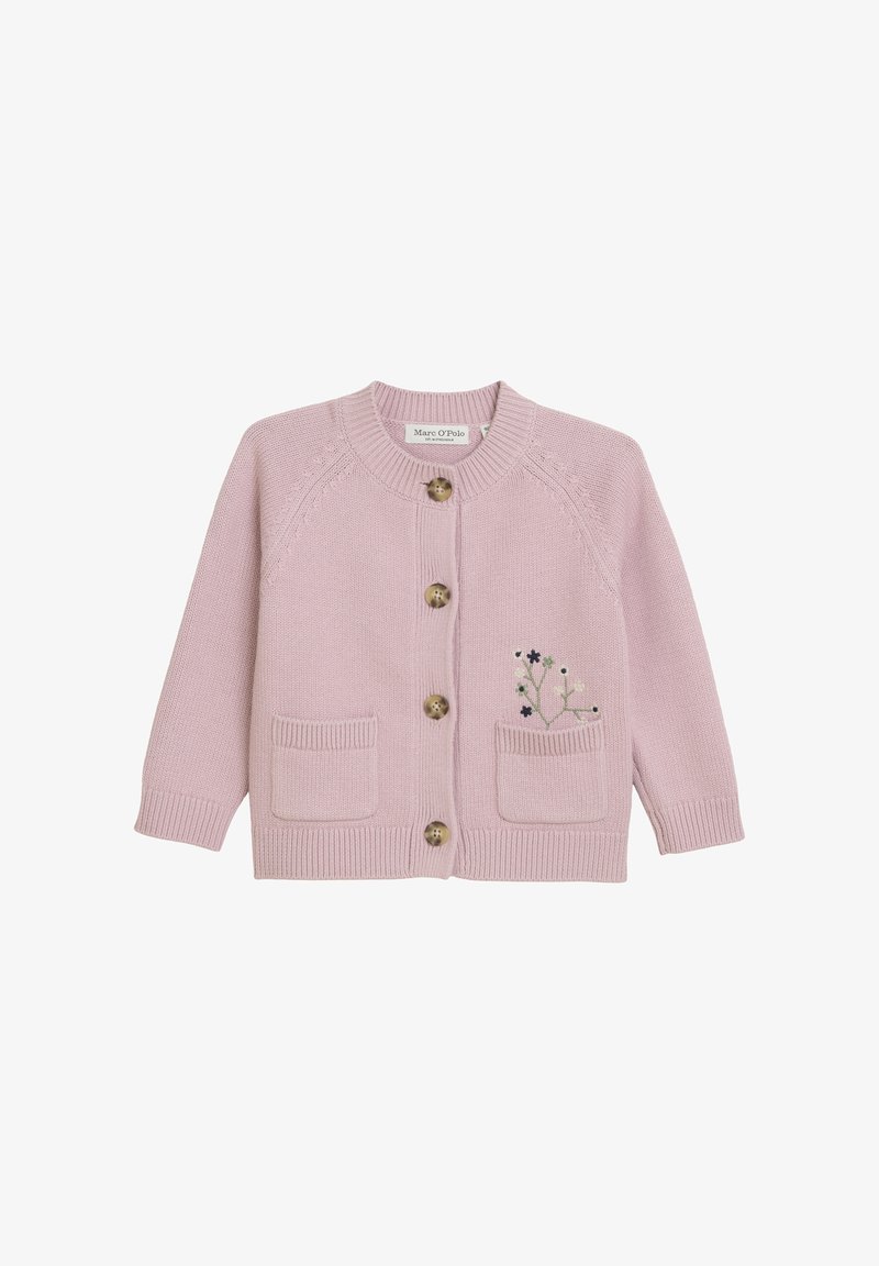 Jasnoróżowy dzianinowy kardigan z okrągłym dekoltem, czterema dużymi guzikami, dwoma przednimi kieszeniami oraz kwiatowym haftem po lewej stronie.