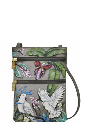 Gray leather crossbody bag with two zippered compartments. Features colorful hand-painted floral and bird designs, gold-tone hardware accents.